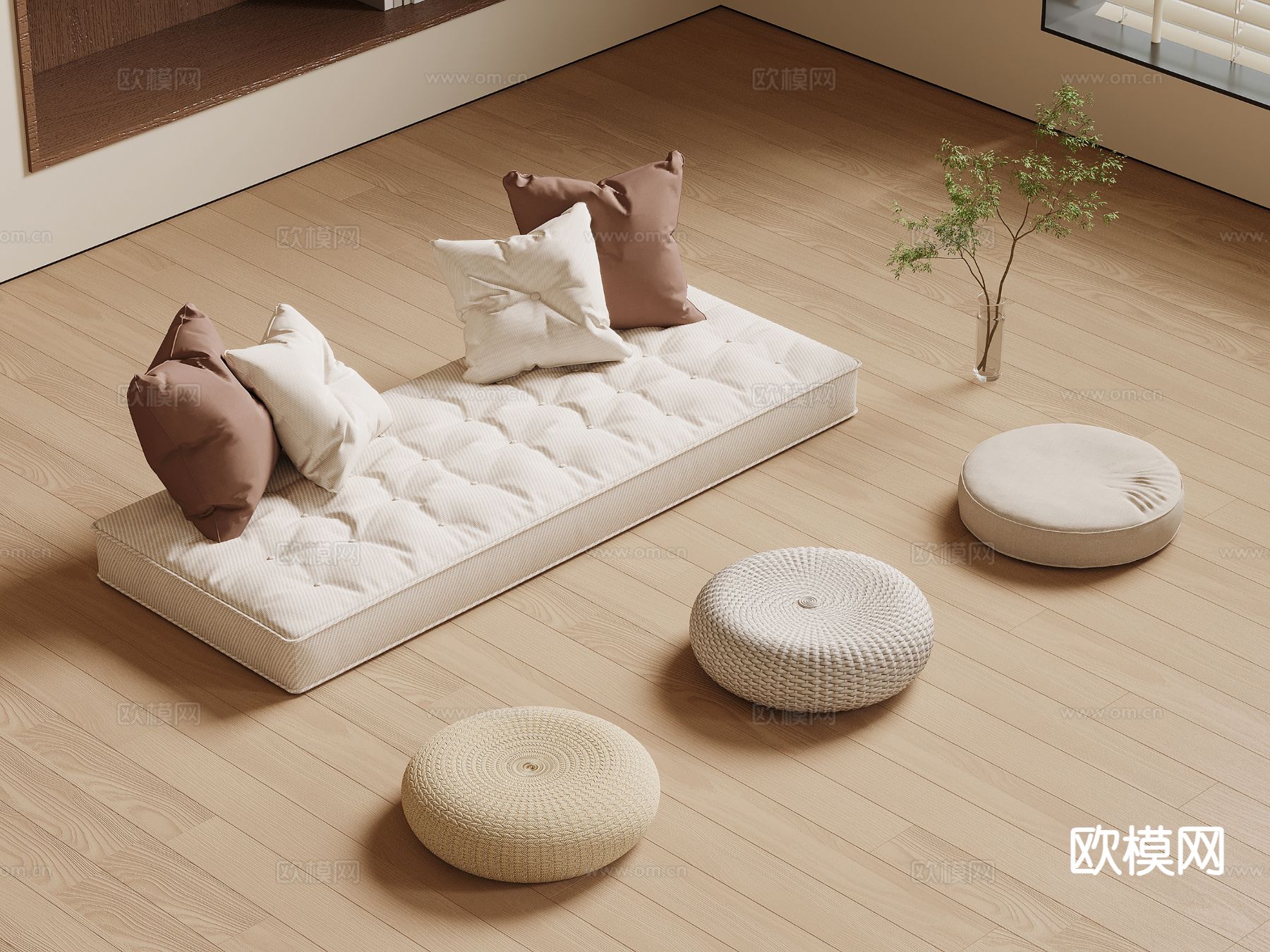 现代飘窗坐垫 蒲团座垫su模型下载（渲染图2）