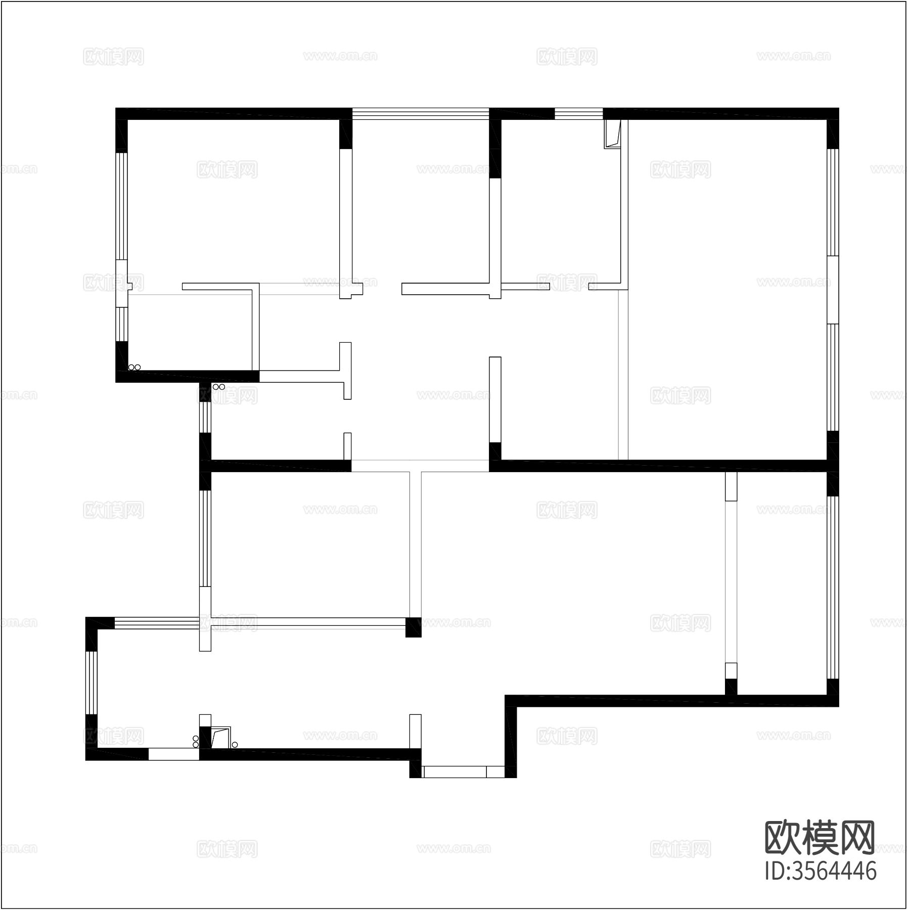 186㎡三房大平层CAD平下载（渲染图1）