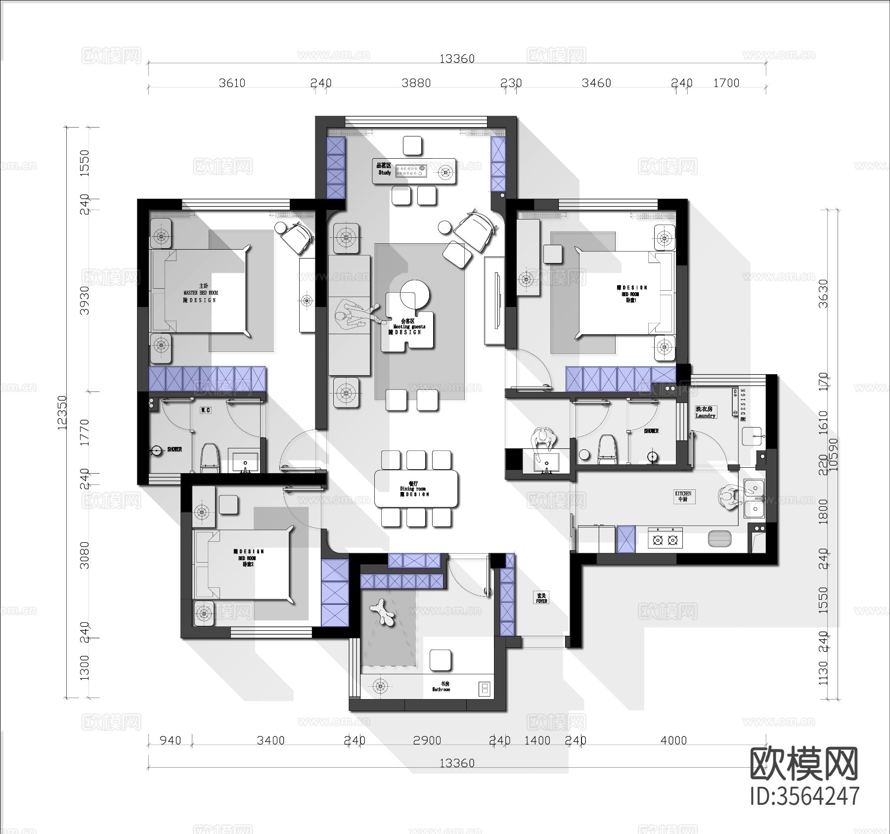 127㎡3+1户型CAD平面图下载（渲染图2）