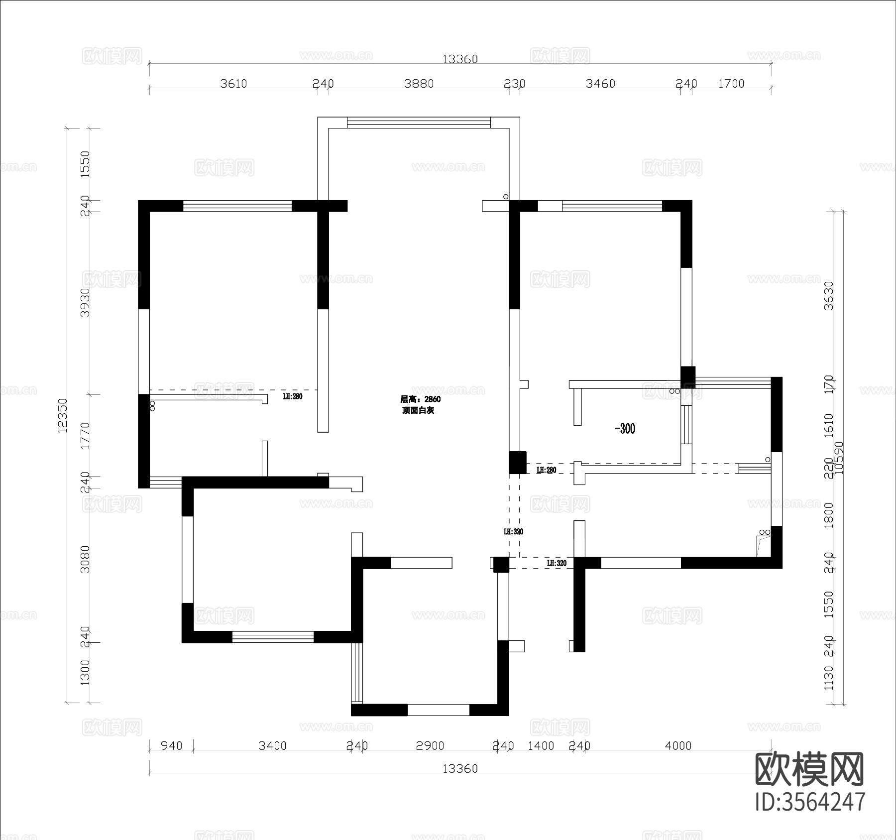 127㎡3+1户型CAD平面图下载（渲染图1）