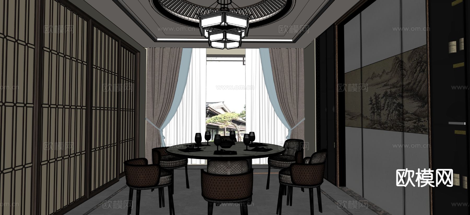 中式餐厅su模型下载（渲染图1）