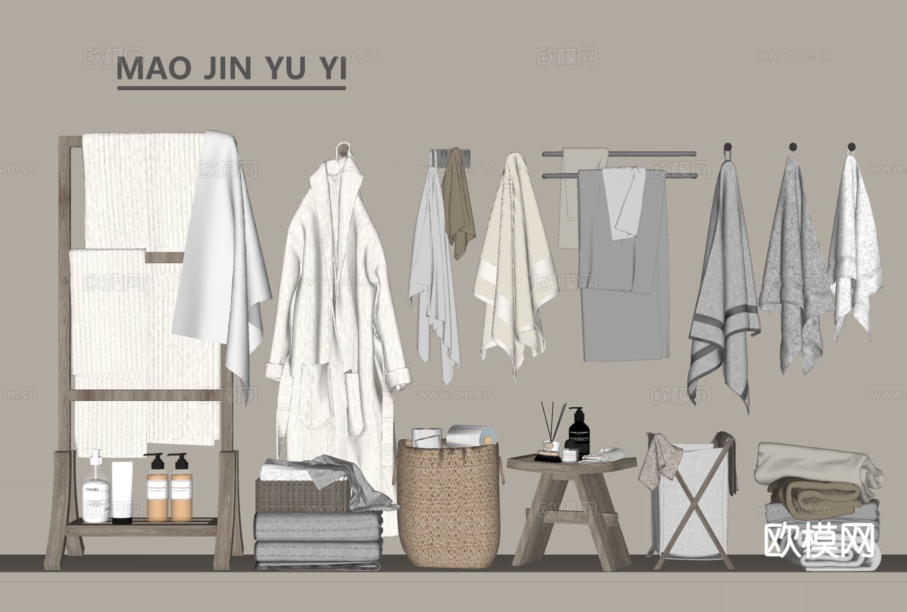 洗浴用品 毛巾 浴衣 洗发水 香薰su模型下载（渲染图1）