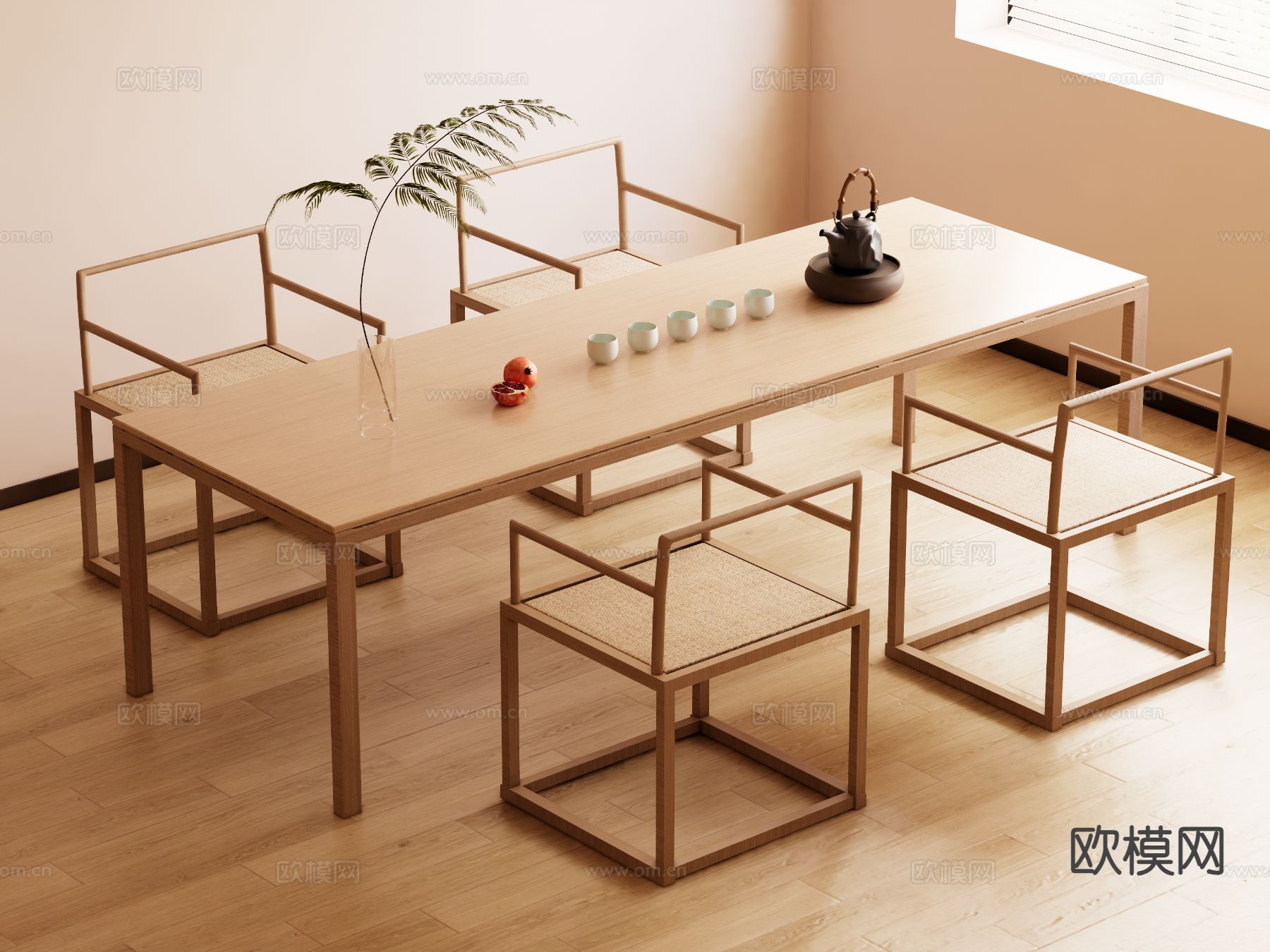 新中式茶桌椅 茶台su模型下载（渲染图2）