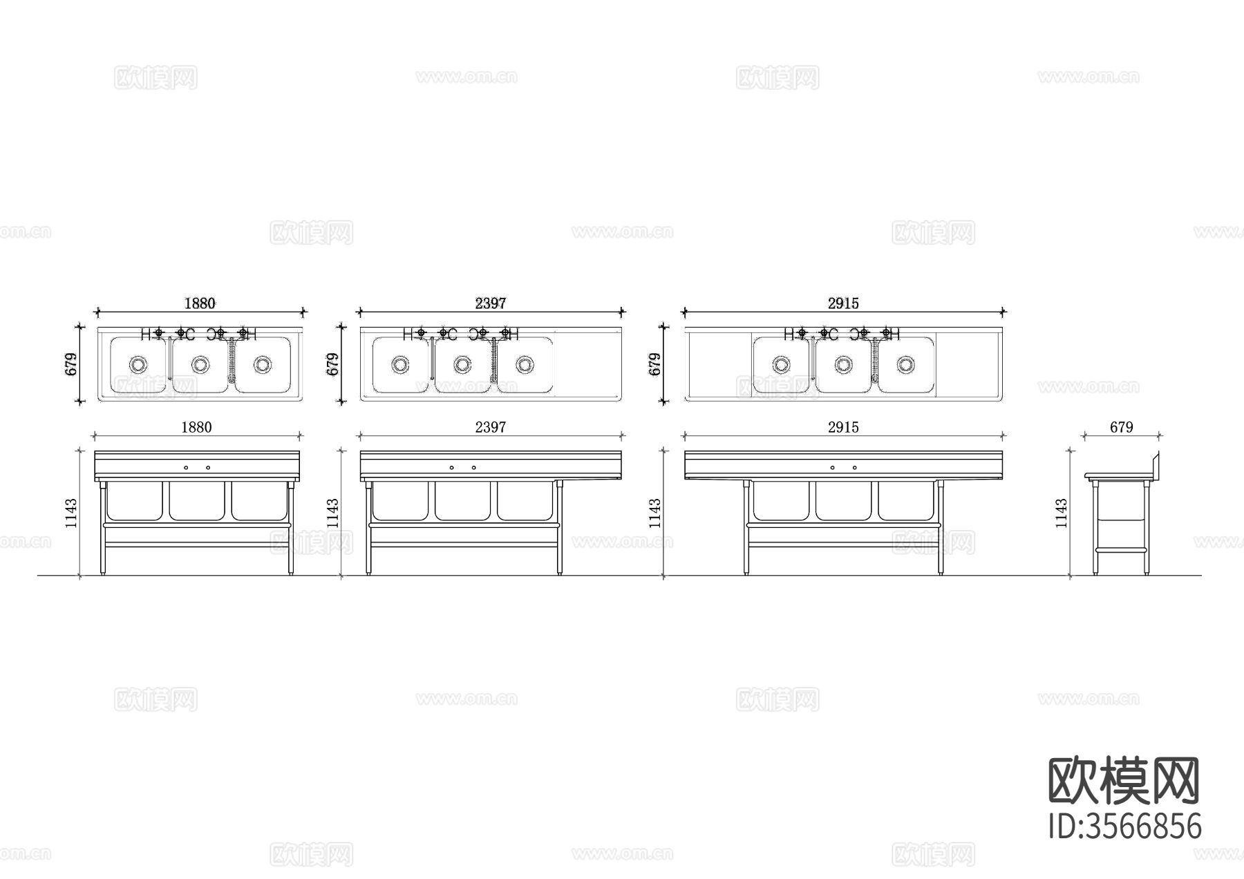 中央厨房钢质三盆水槽柜cad立面图下载