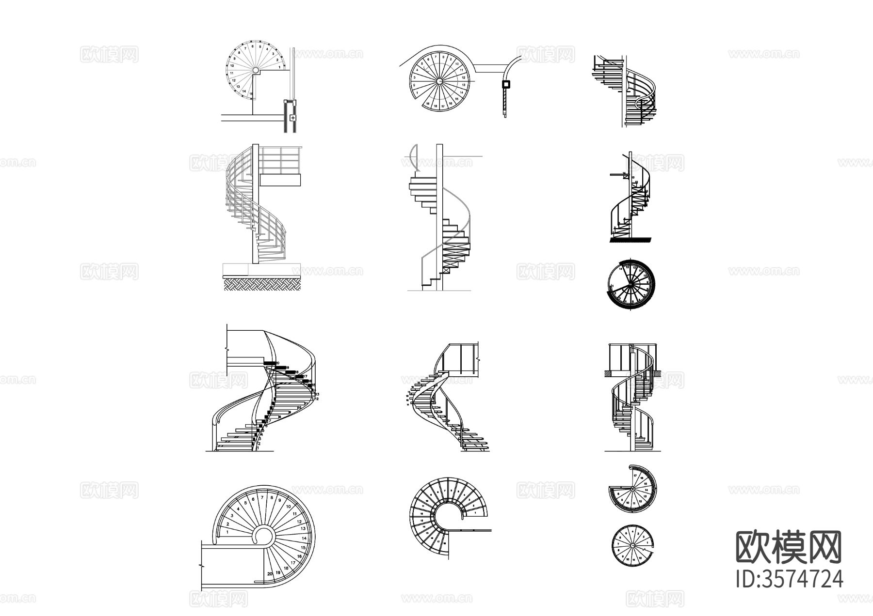 螺旋楼梯 旋转楼梯平立面图下载