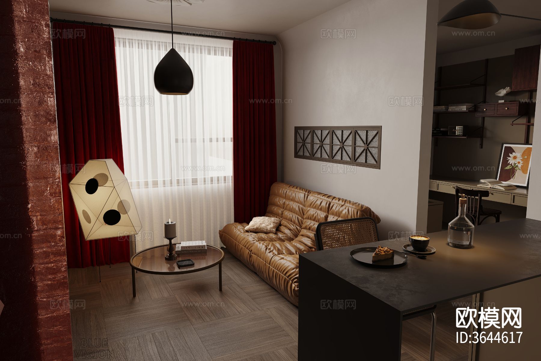 中古风公寓客餐厅效果图下载（渲染图1）