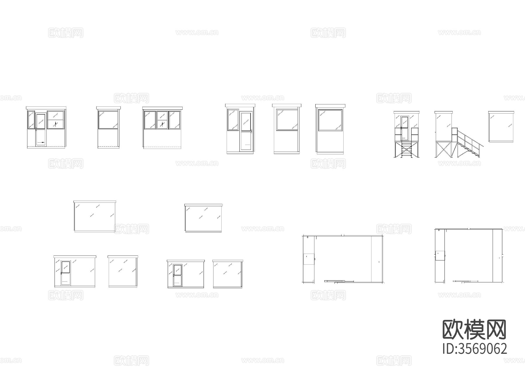 保安亭 售卖亭 岗亭立面cad图库下载（渲染图4）