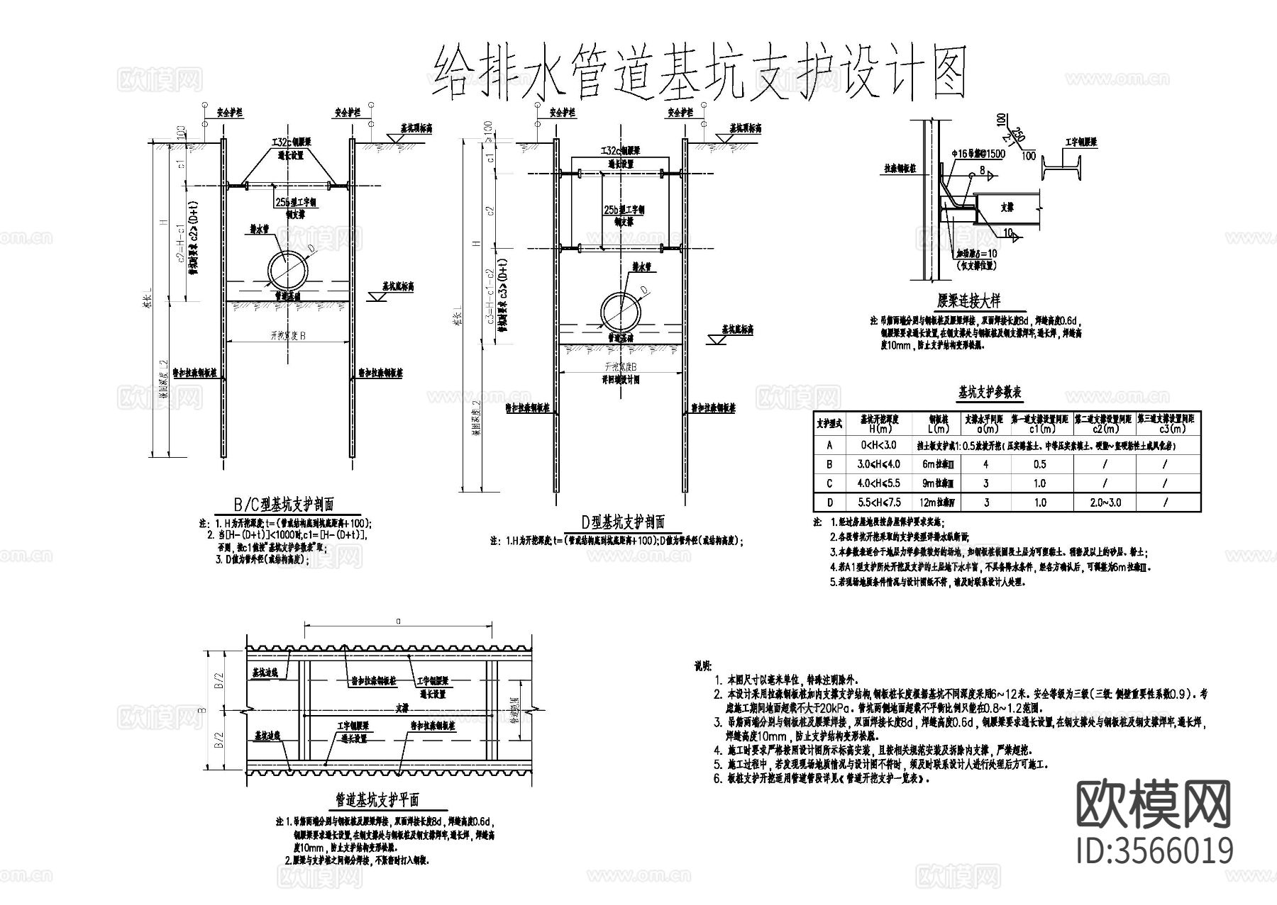 管道基础回填 管道临时支护cad大样图下载（渲染图3）