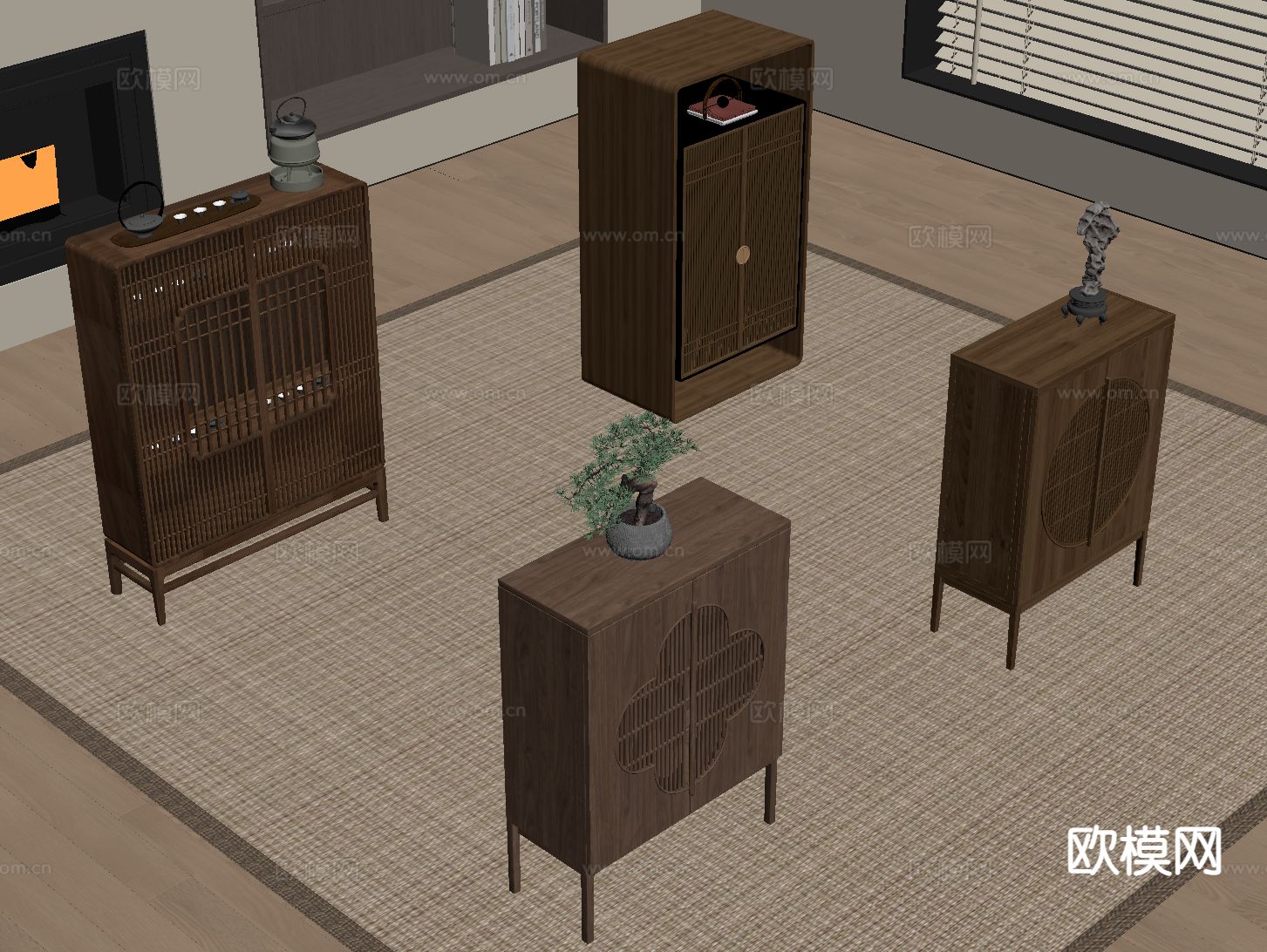 新中式玄关柜 高柜 边柜su模型下载（渲染图1）