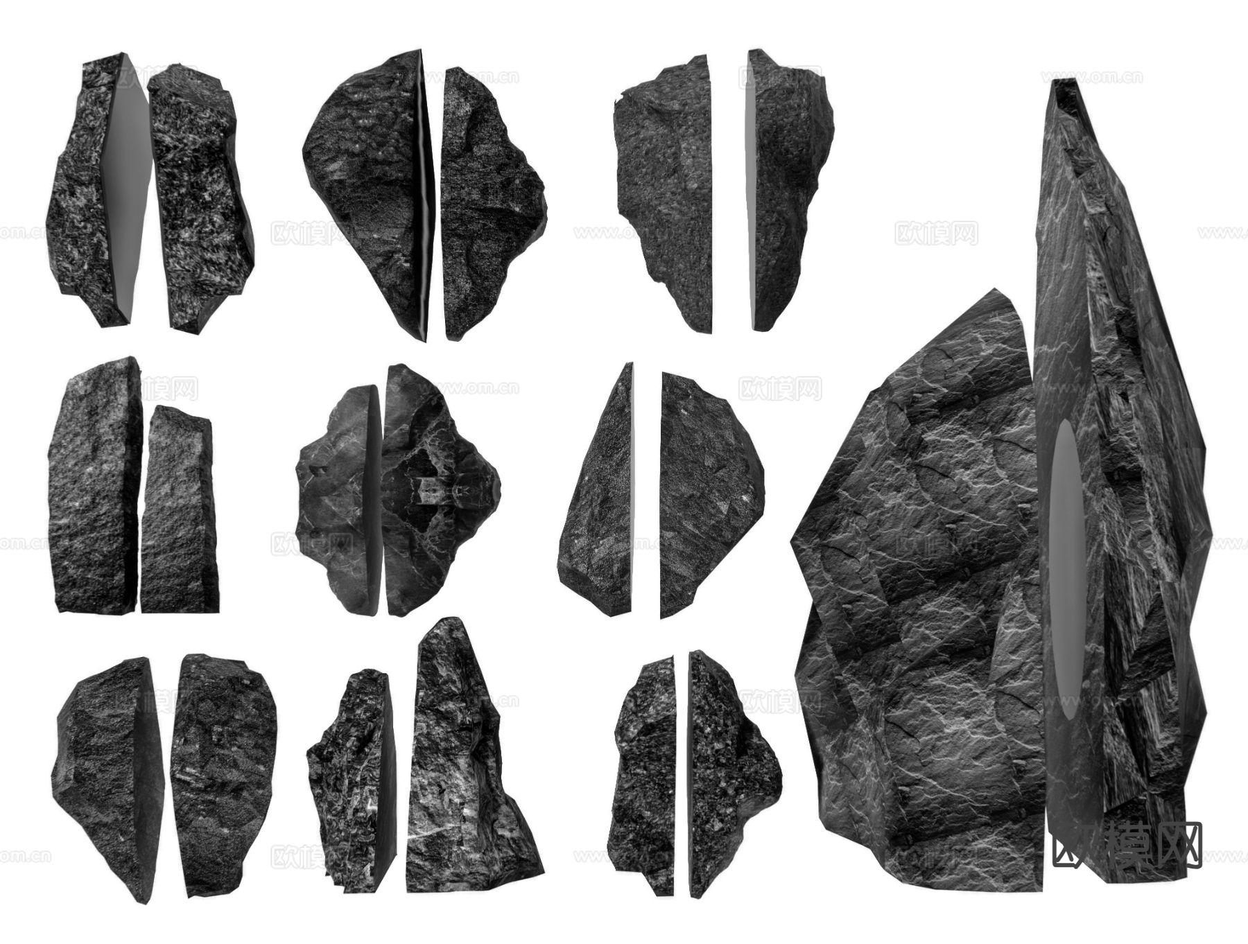 劈开石 裂开石 切片石 两半石 黑山石3d模型