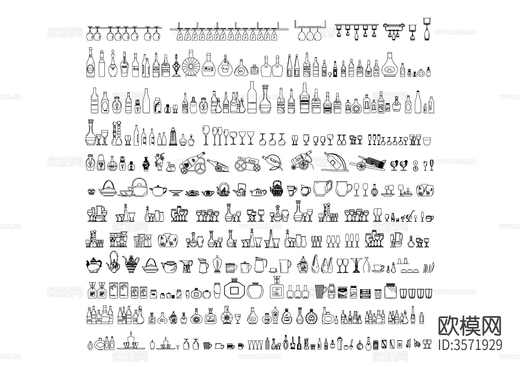 多款酒瓶酒杯瓶罐饰品合集cad图库下载