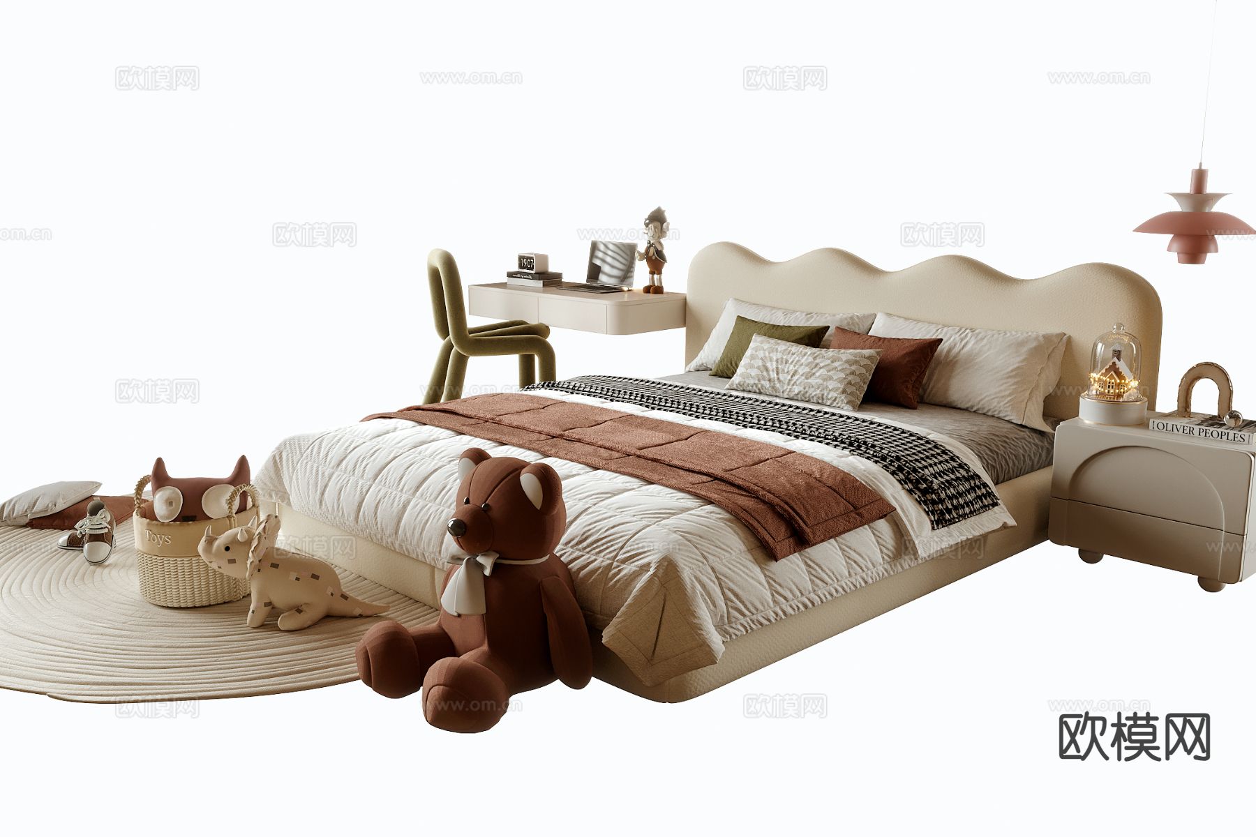 现代儿童床su模型下载（渲染图2）