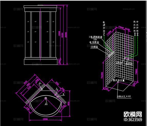 电脑蒸汽房水电安装CAD平面图下载（渲染图6）