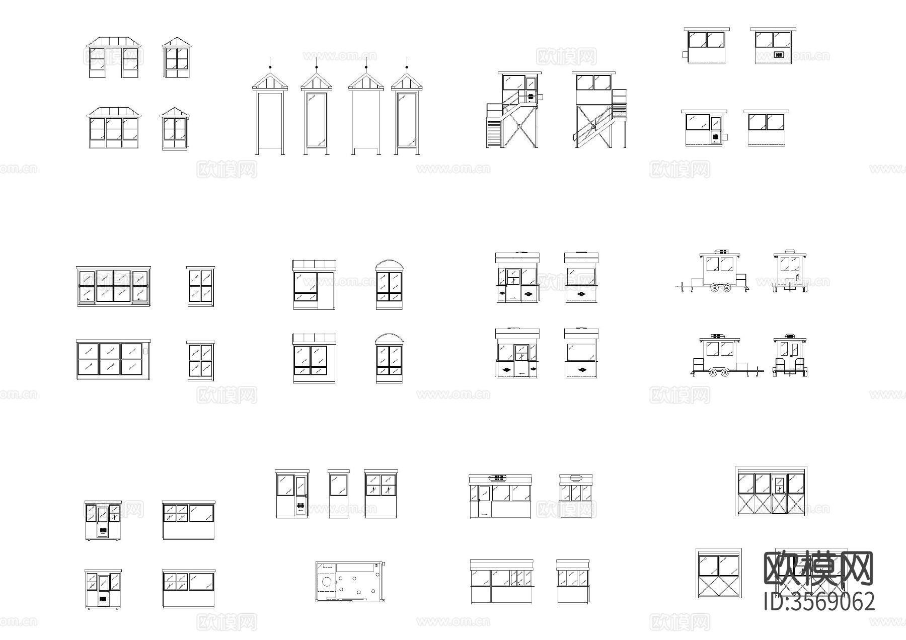 保安亭 售卖亭 岗亭立面cad图库下载（渲染图1）