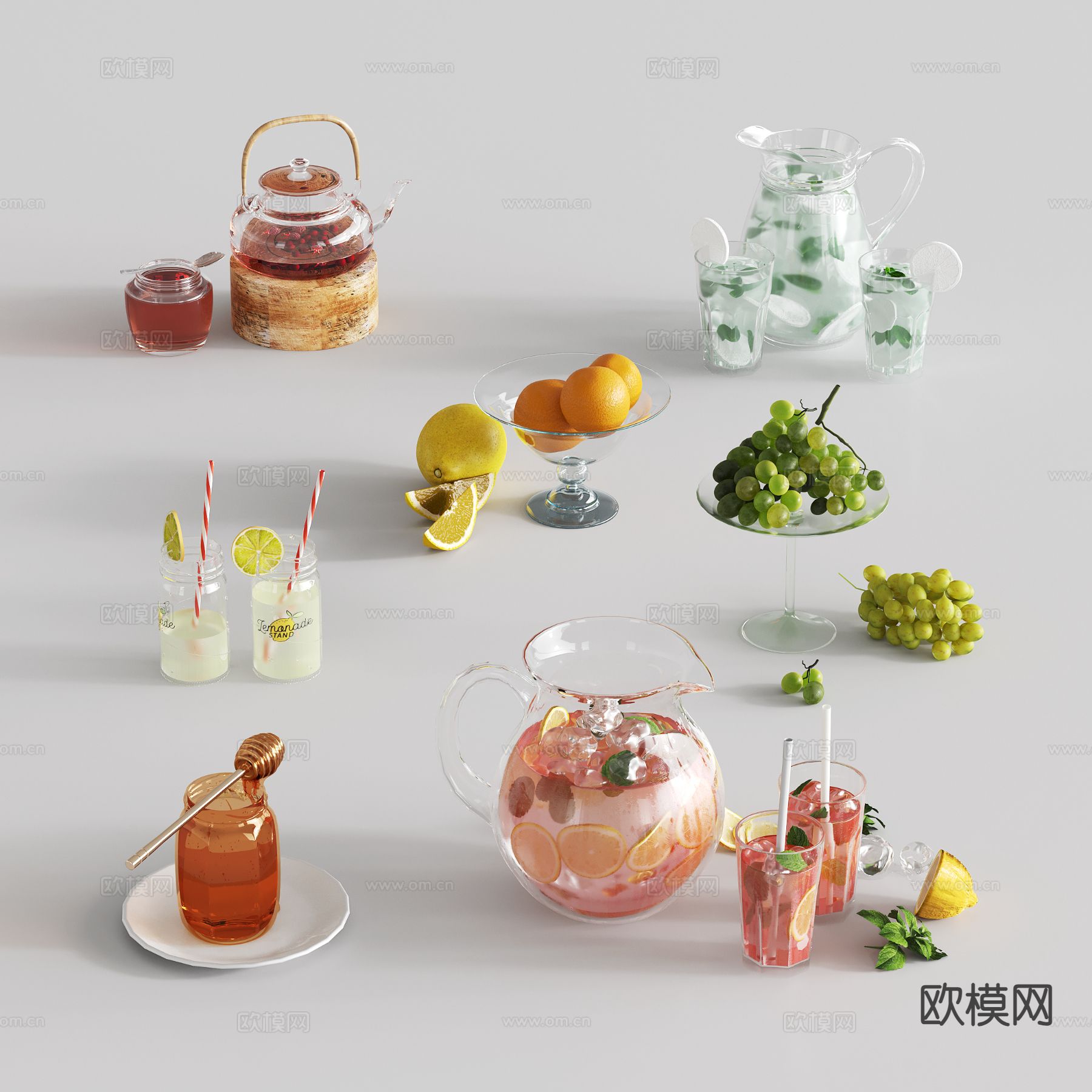 现代果汁饮料 饮品 水果 橙子 葡萄 蜂蜜3d模型