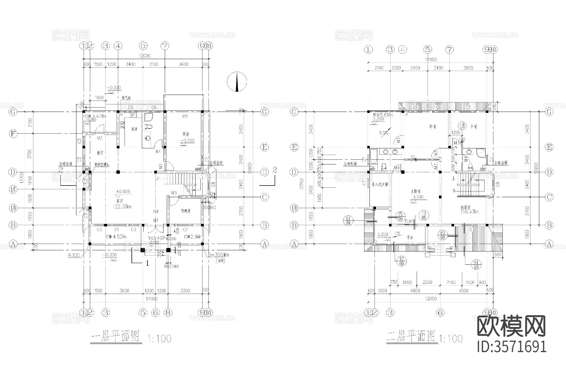三层别墅cad平面图下载（渲染图1）
