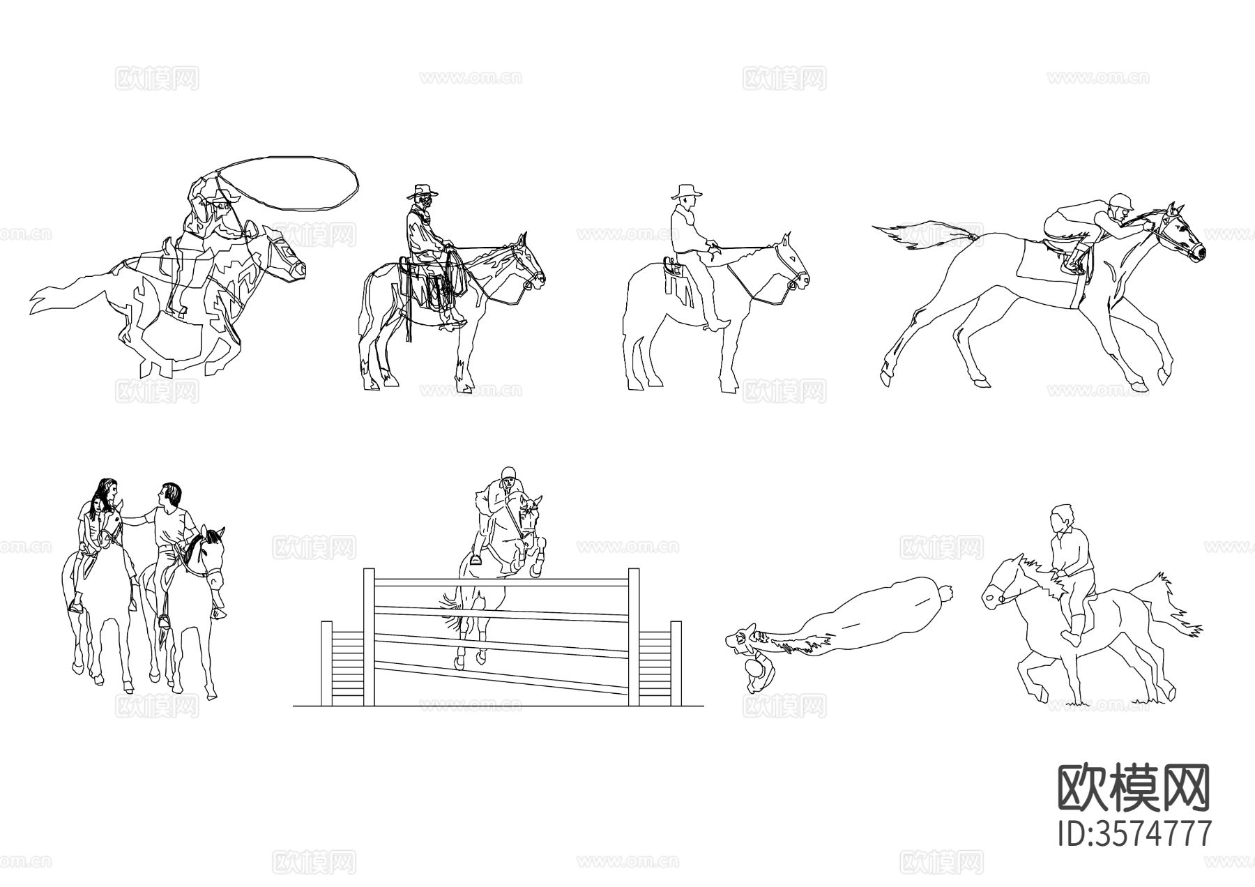 马术运动人物cad图块下载