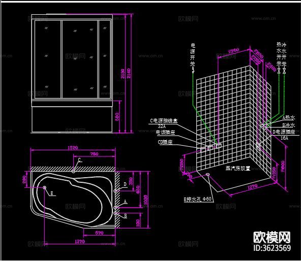 电脑蒸汽房水电安装CAD平面图下载（渲染图2）