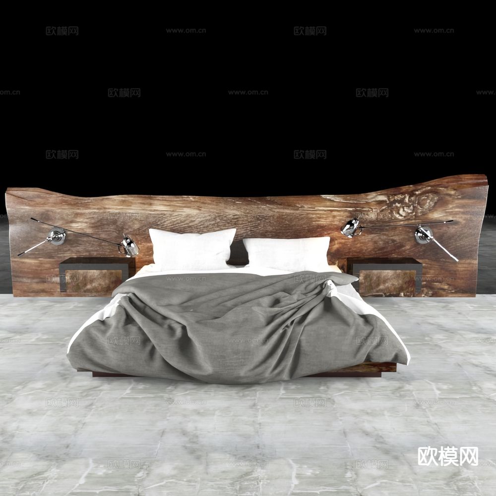 原木风双人床3d模型下载（渲染图1）