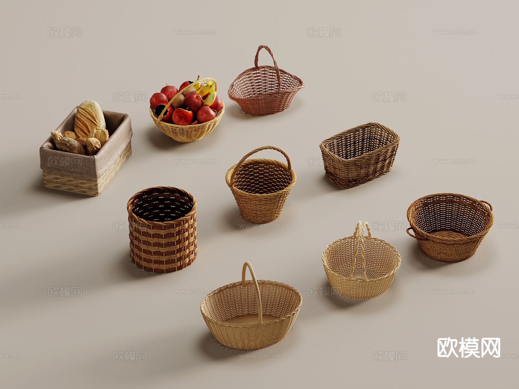 藤编收纳筐 编织篓 藤编篮su模型下载（渲染图2）