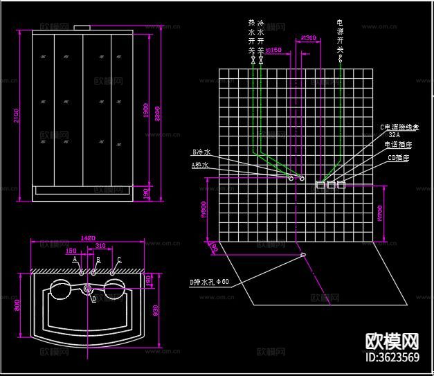 电脑蒸汽房水电安装CAD平面图下载（渲染图8）