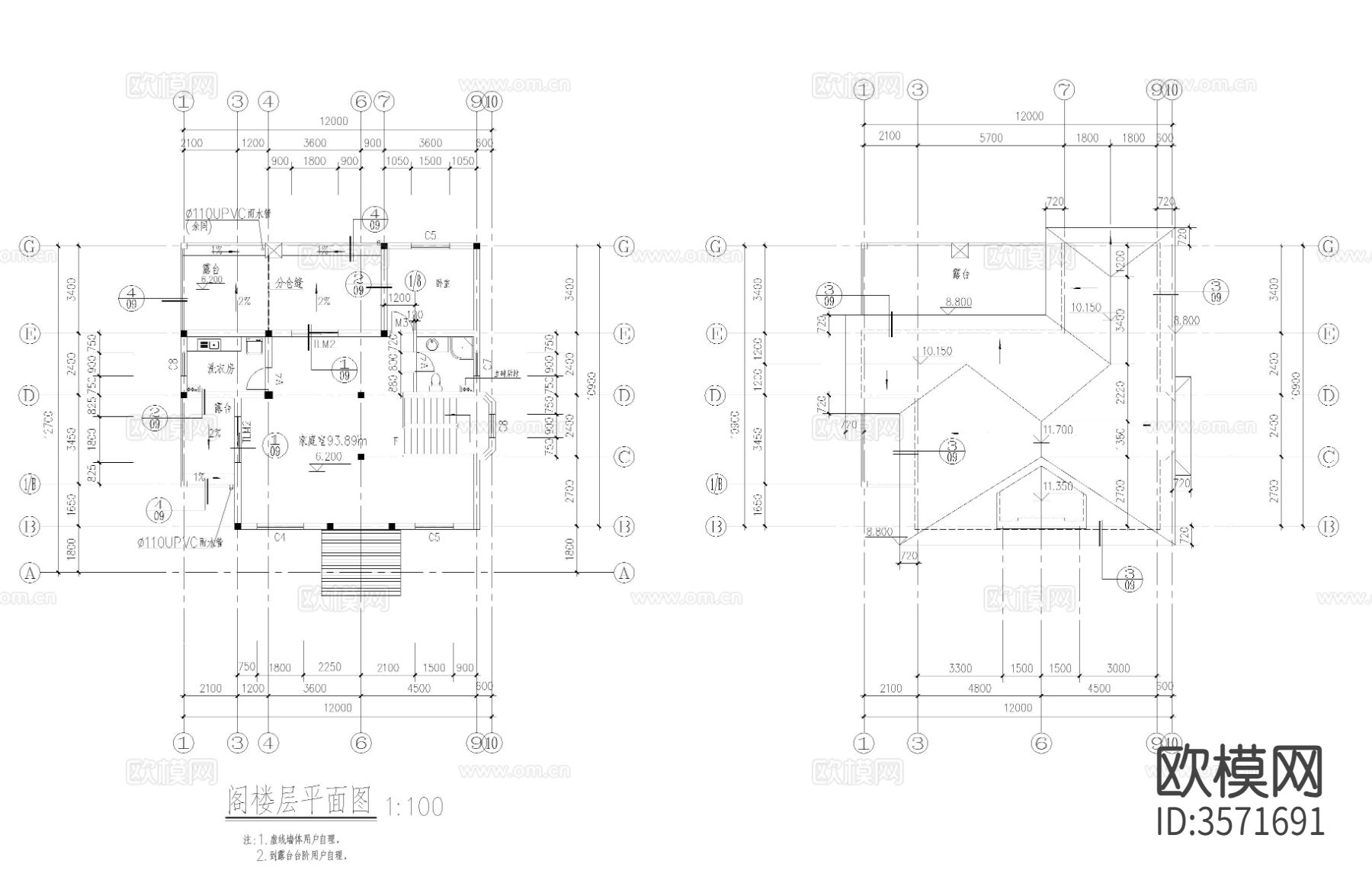 三层别墅cad平面图下载（渲染图2）