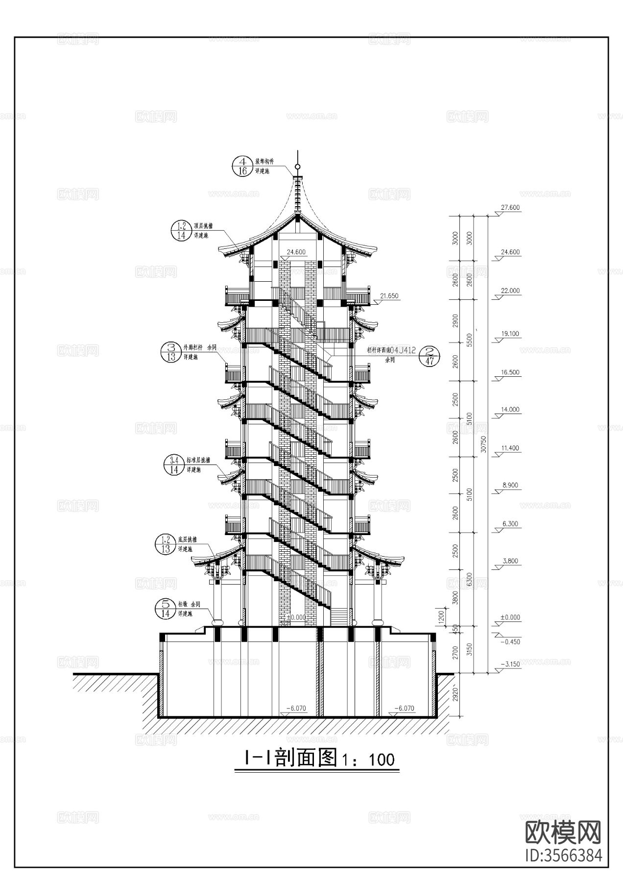 天一阁结构cad平面图下载（渲染图5）