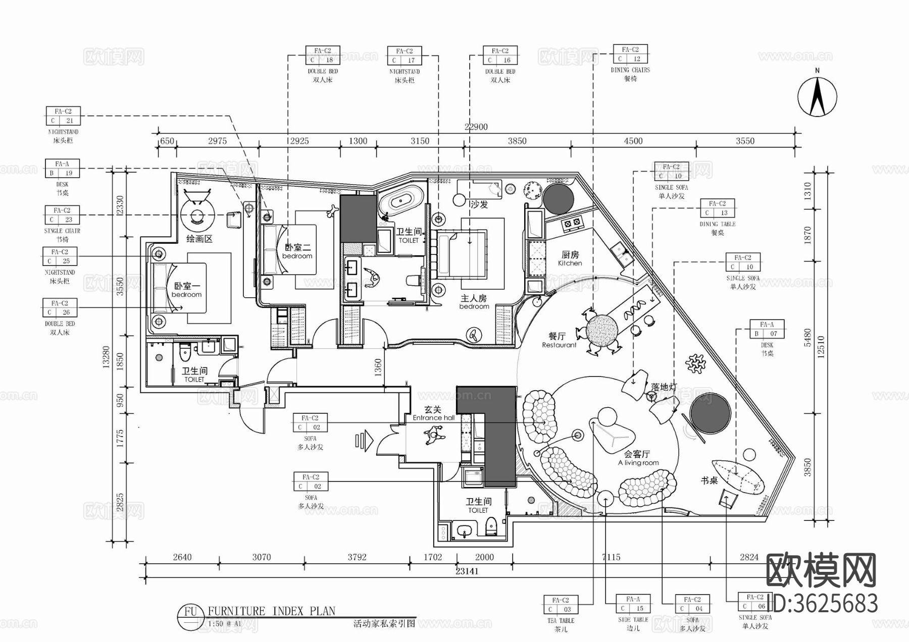 180㎡大平层CAD施工图下载（渲染图1）