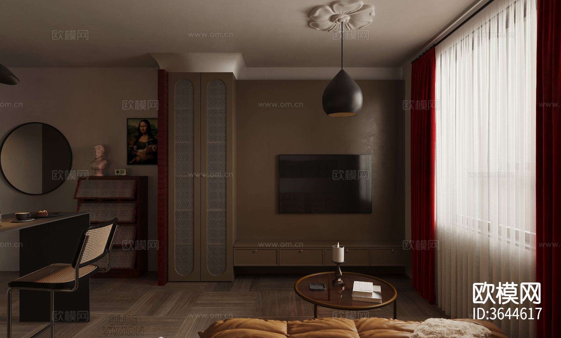 中古风公寓客餐厅效果图下载（渲染图2）