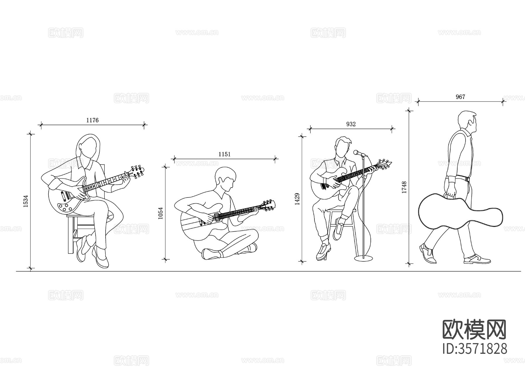 弹奏吉他人物动作cad立面图下载