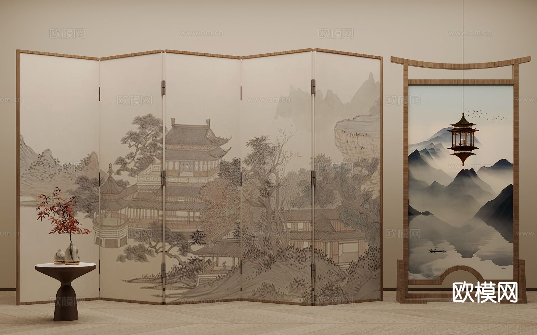 新中式屏风 禅意水墨画屏风3d模型下载