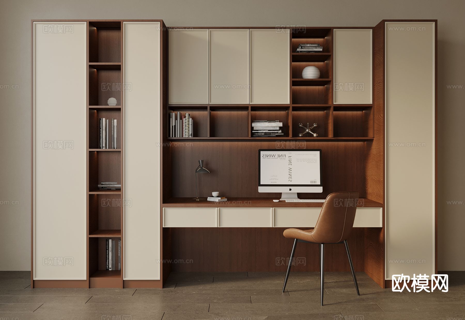 中古风书柜su模型下载（渲染图2）