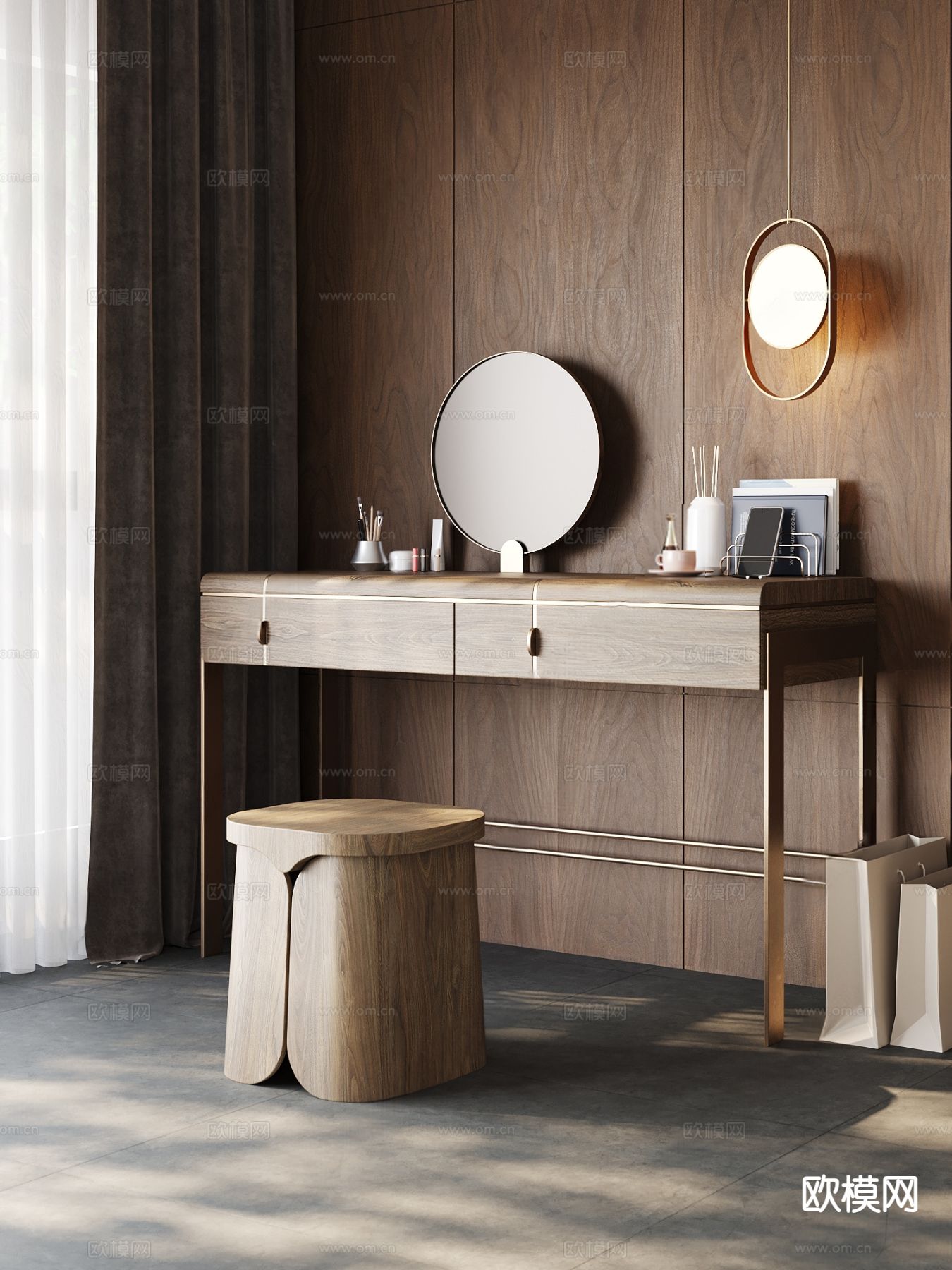 原木风梳妆台 化妆桌3d模型下载