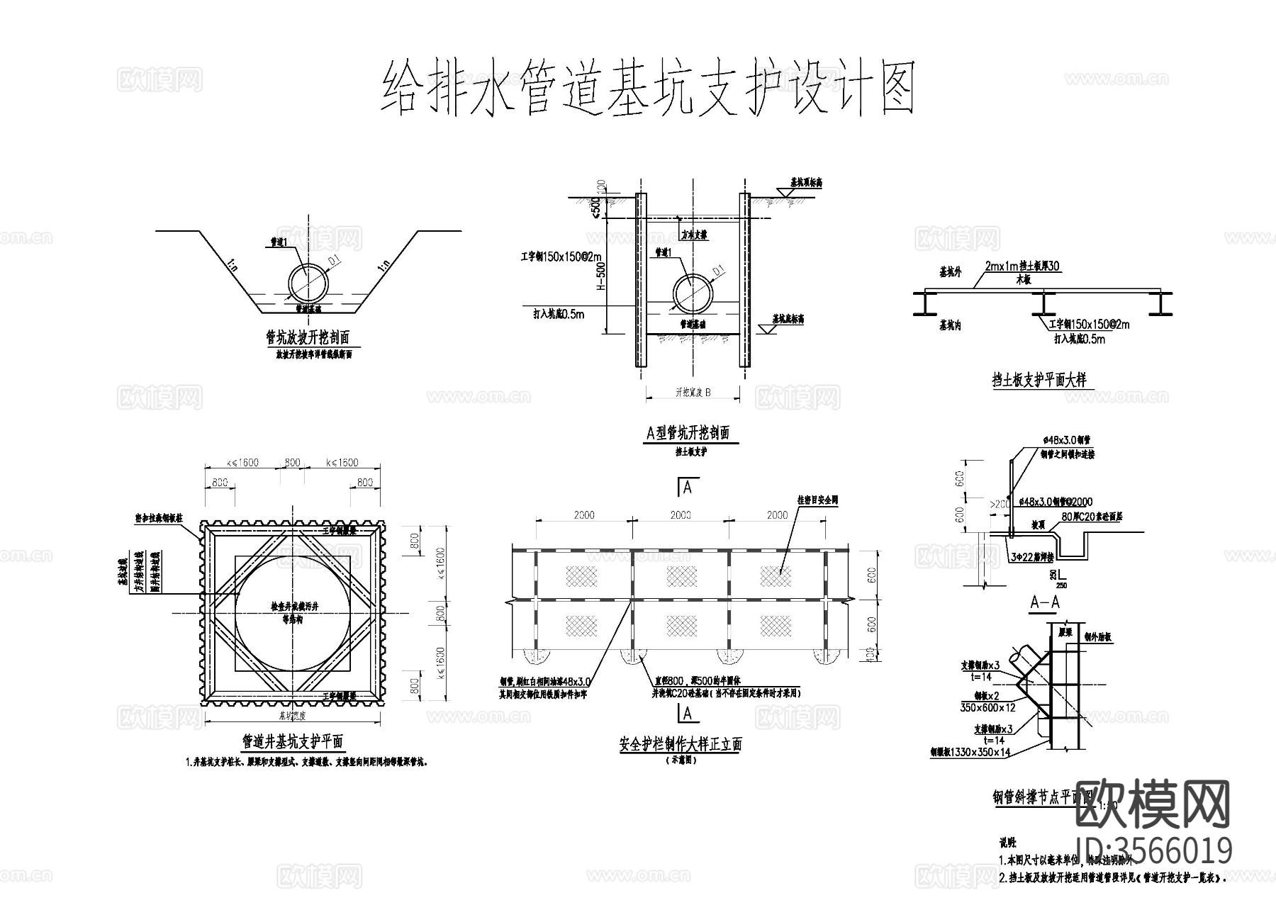 管道基础回填 管道临时支护cad大样图下载（渲染图2）