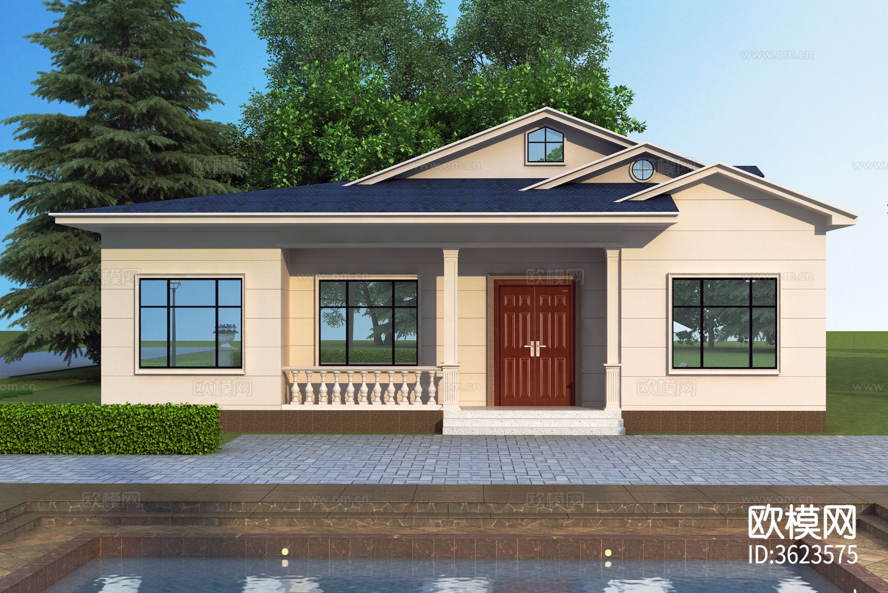 单层别墅CAD施工图下载（渲染图3）