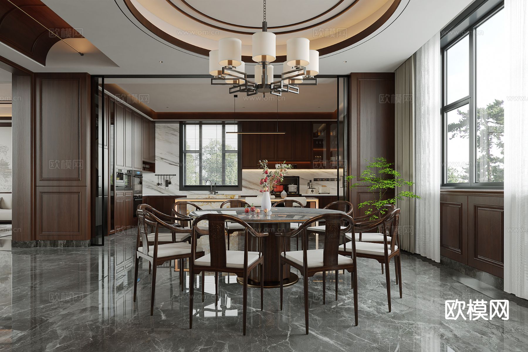 新中式餐厅3d模型下载（渲染图1）