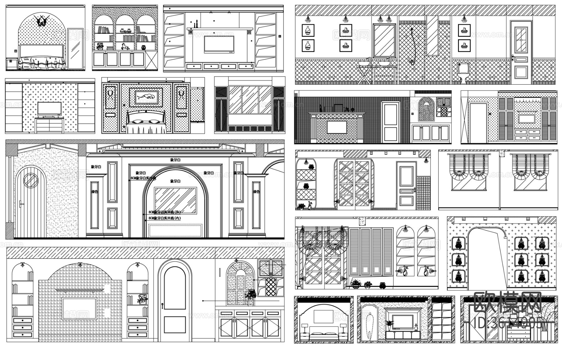 北欧风立面图 地中海风立面图 田园风立面图 客厅墙 卧室墙cad图库下载（渲染图3）
