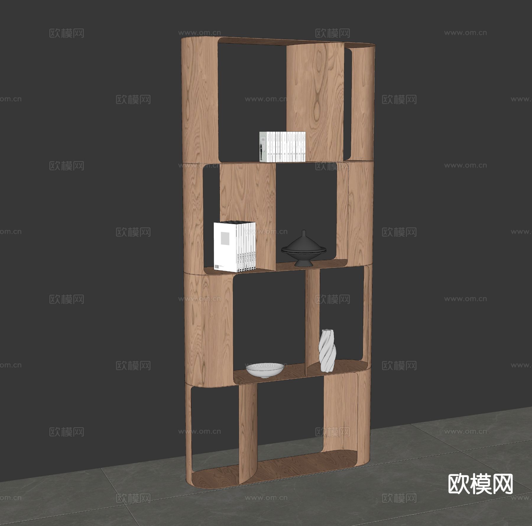 原木风书柜 书架su模型下载（渲染图1）