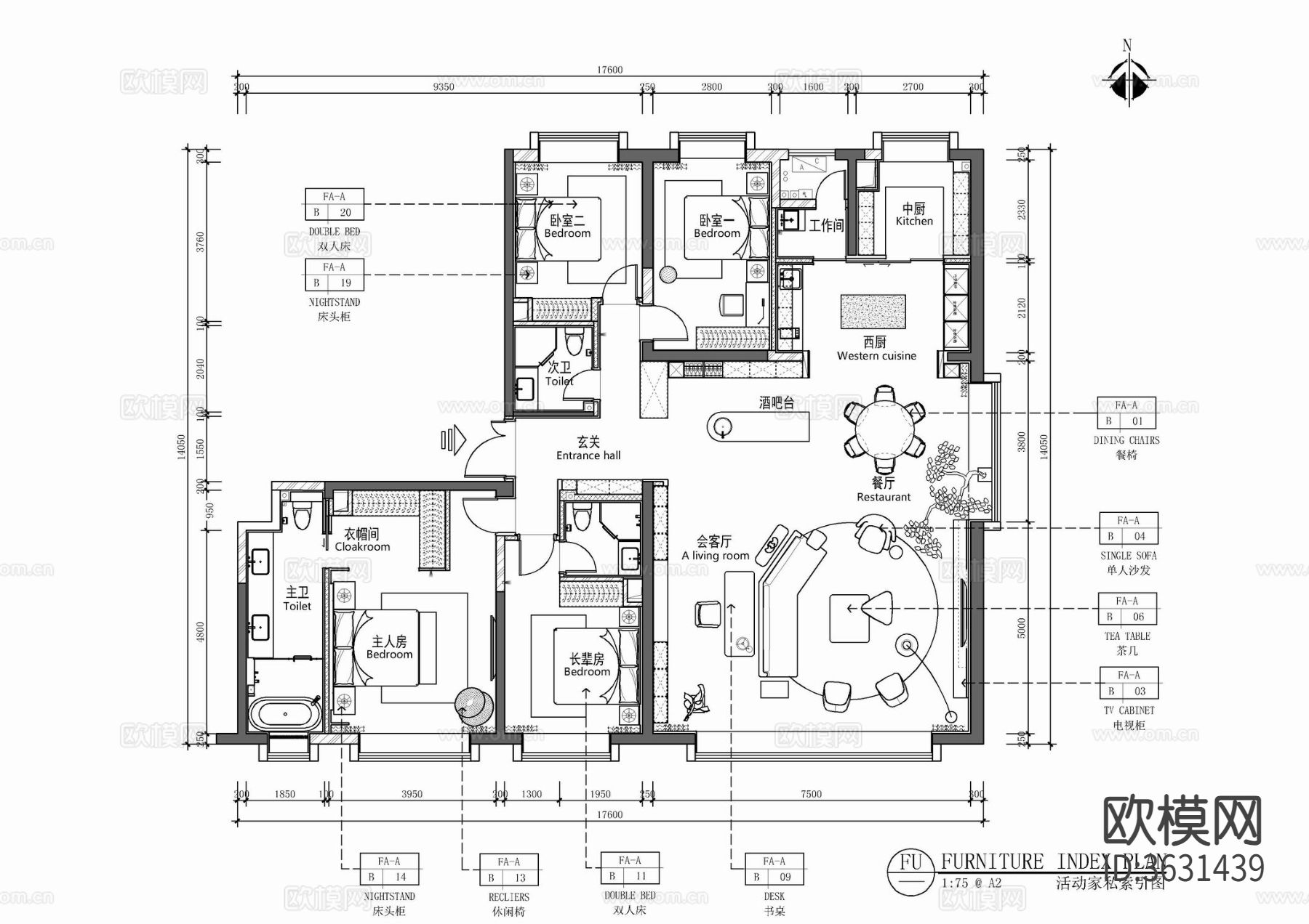 180㎡大平层CAD施工图下载（渲染图1）
