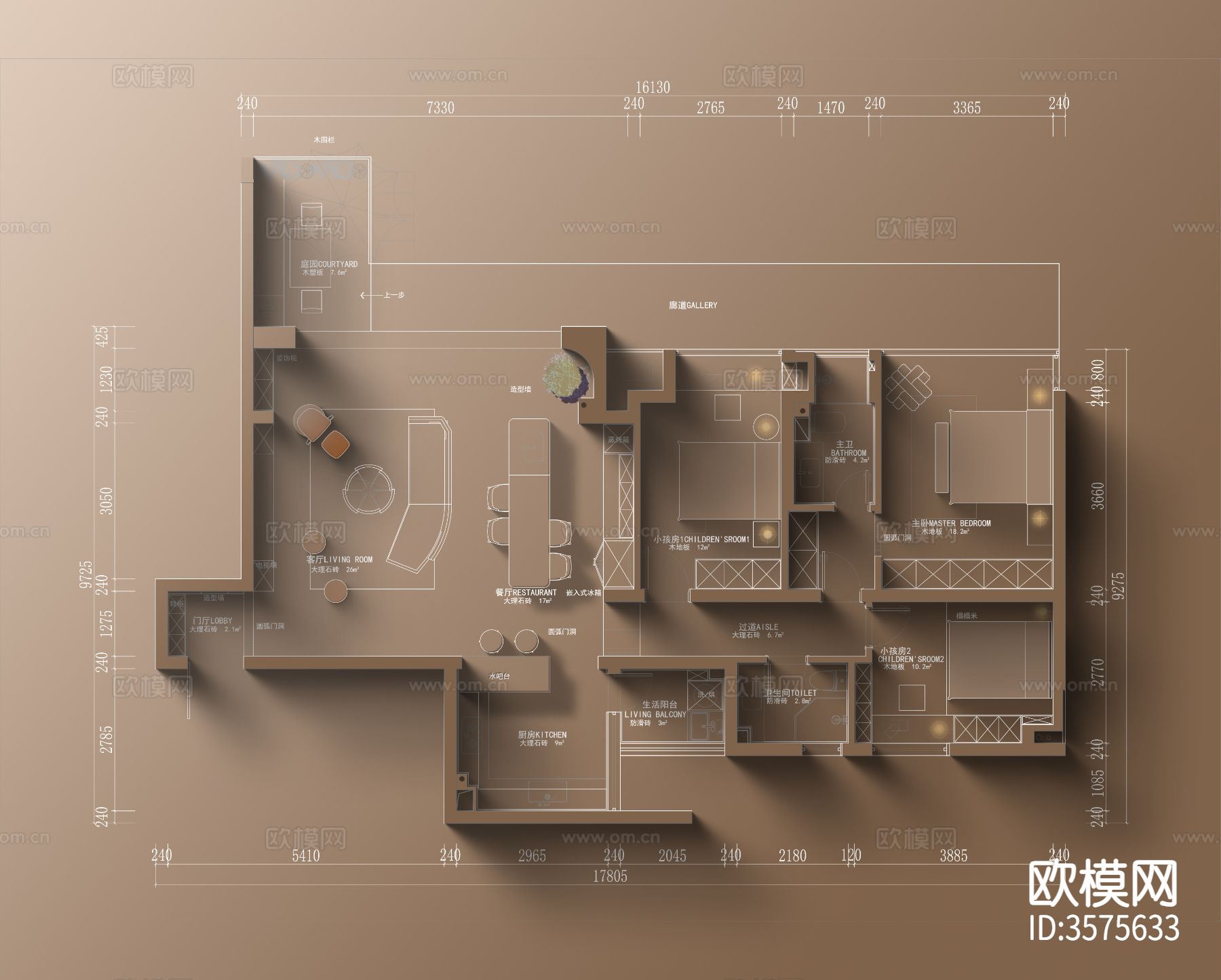 法式家装 样板间CAD施工图下载（渲染图1）