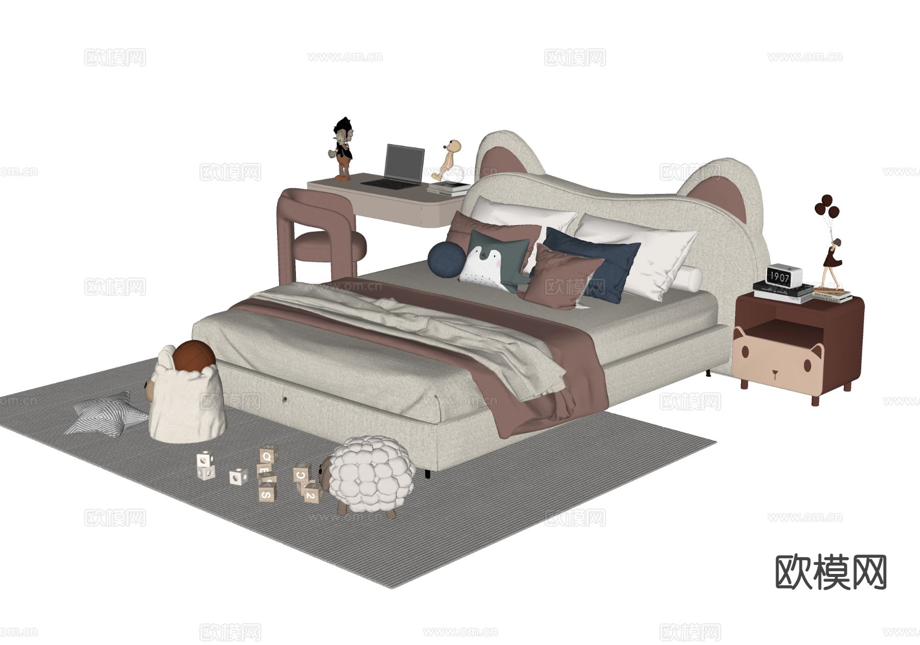 现代儿童床su模型下载（渲染图1）