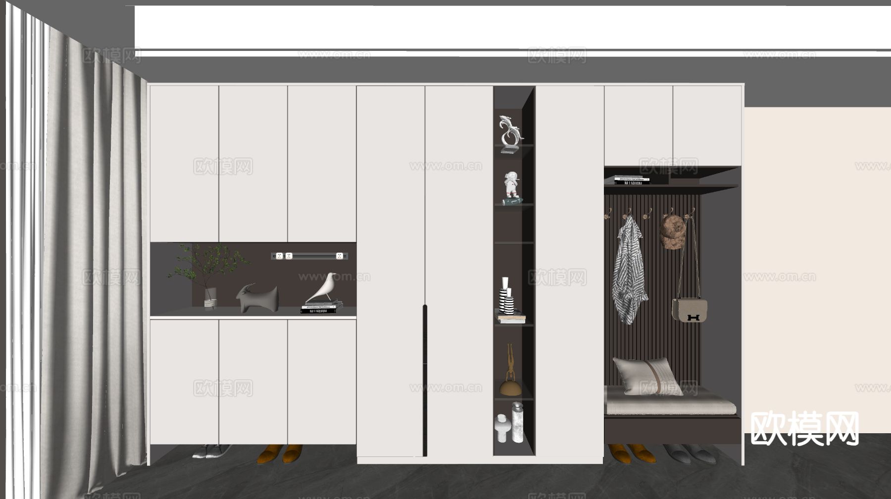 玄关鞋柜 入户鞋柜 换鞋凳su模型下载（渲染图1）