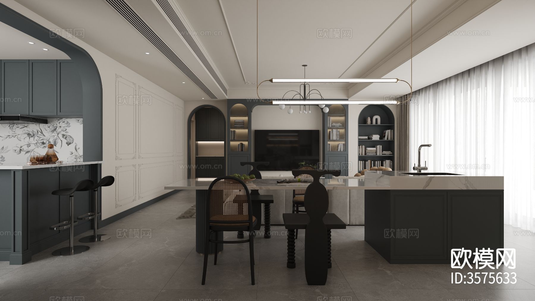 法式家装 样板间CAD施工图下载（渲染图3）