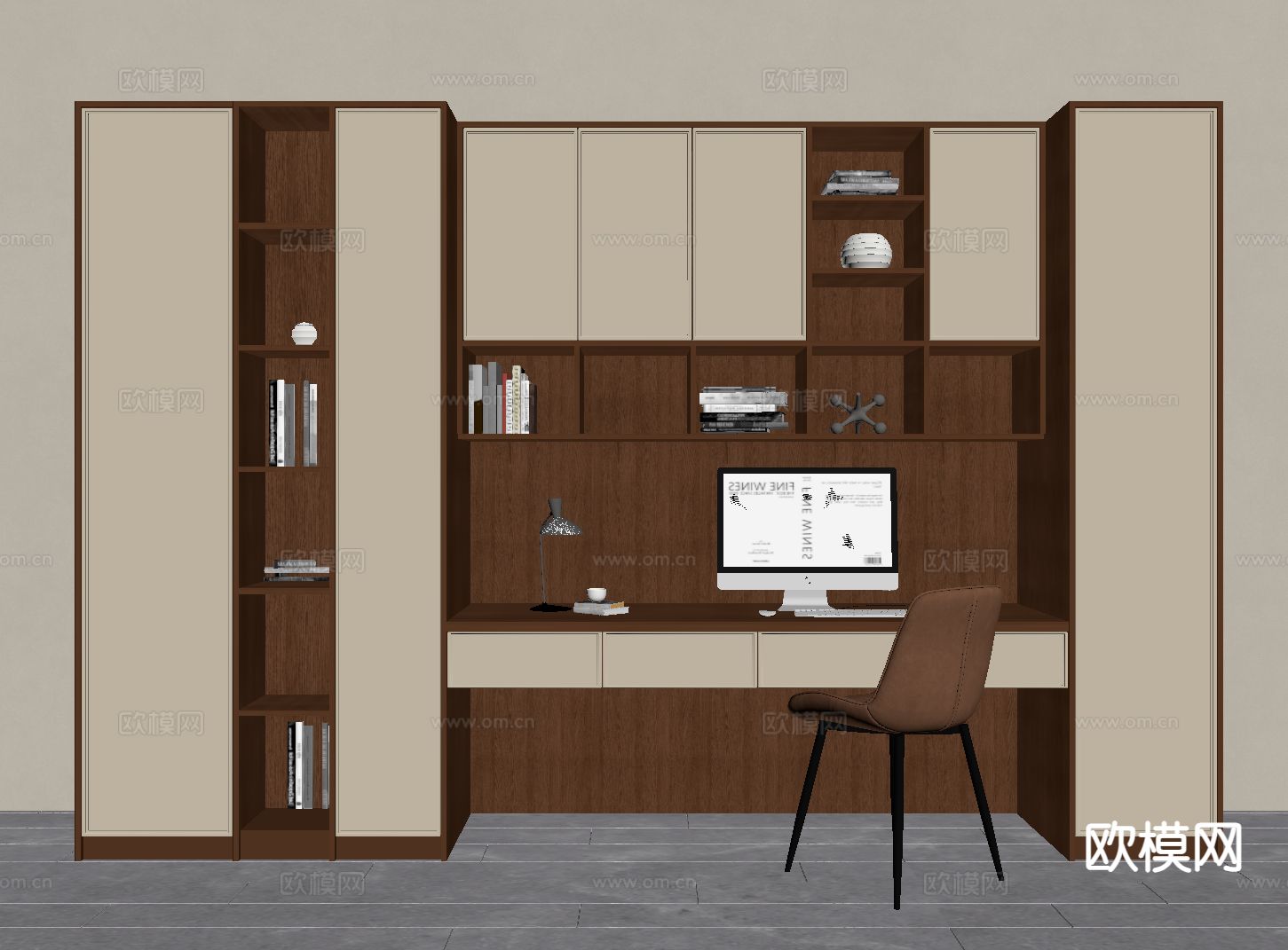 中古风书柜su模型下载（渲染图1）