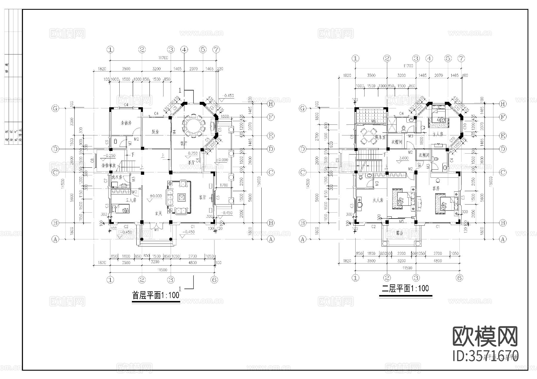 三层别墅cad平面图下载（渲染图2）