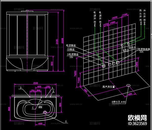 电脑蒸汽房水电安装CAD平面图下载（渲染图3）
