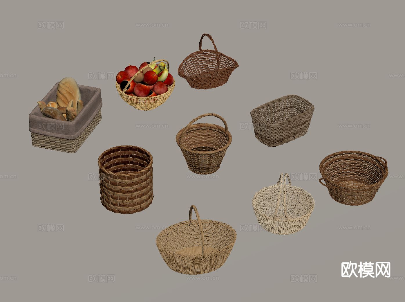 藤编收纳筐 编织篓 藤编篮su模型下载（渲染图1）