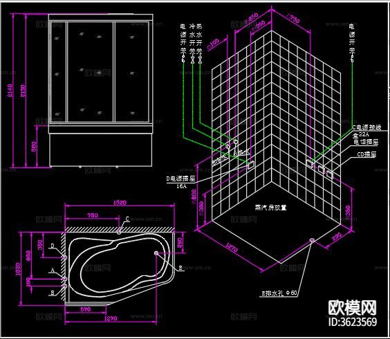 电脑蒸汽房水电安装CAD平面图下载（渲染图5）