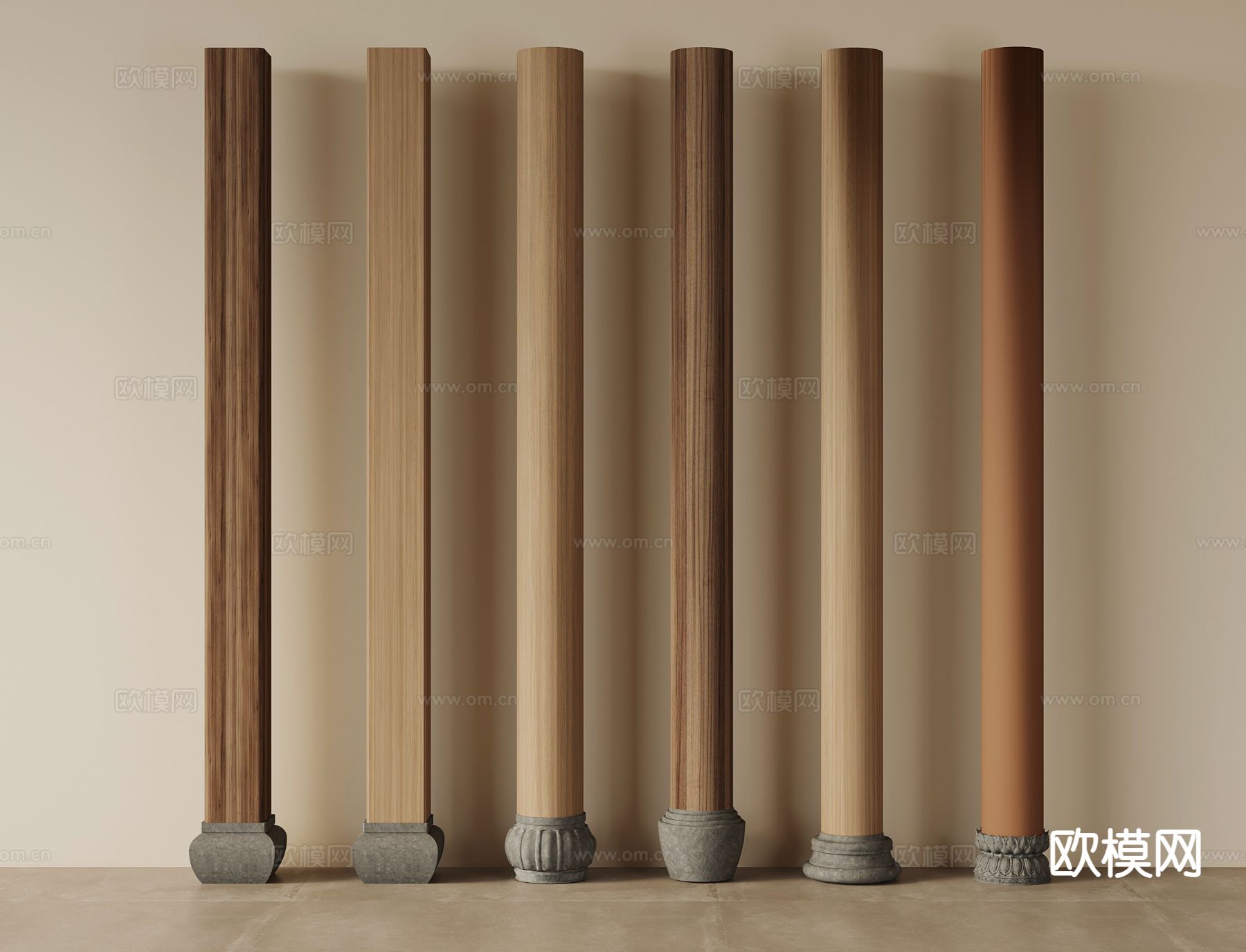 新中式柱子 圆柱 门庭柱 柱础石su模型下载（渲染图2）
