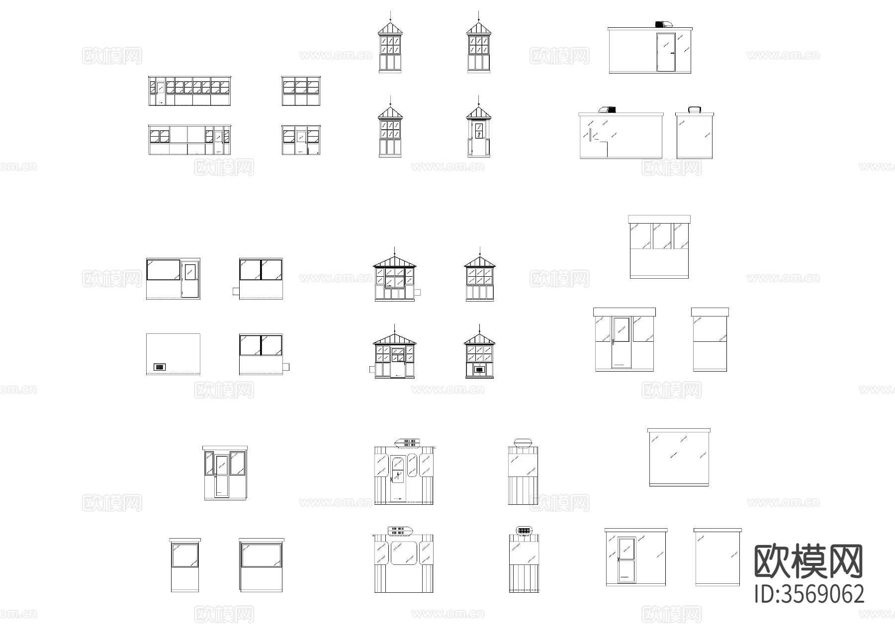保安亭 售卖亭 岗亭立面cad图库下载（渲染图2）